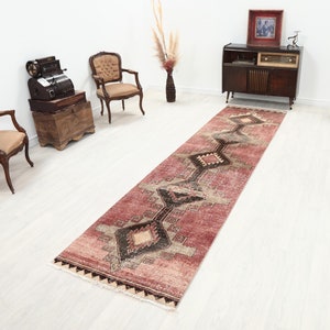 3x12 Vintage Turkish Runner Rug: Red Oushak Hallway Decor