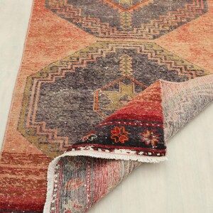 Hallway runner rug 3x10 ft | Vintage Turkish oushak faded rust geometric wool | Distressed bohemian entryway kitchen decor
