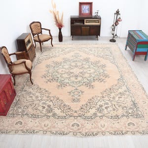 10x12 Neutral Area Rug, 10x12 Vintage Faded Muted Beige Persian Rug with Geometric Pattern, Oversize Oushak Rug, Unique Rug, 9.9x 12.3 Feet