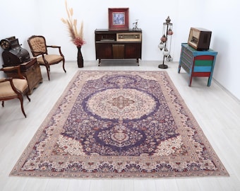 Handgewebter 200x300 türkischer Oushak Teppich: Florale Lila Wolle, Vintage Boho Dekor