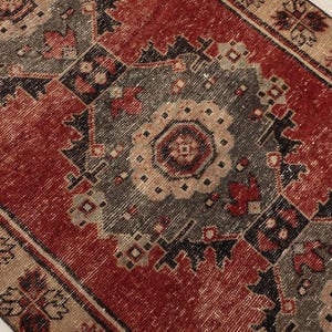 Vintage Oushak Runner Rug: 3x12 Red Turkish Wool Hallway Rug