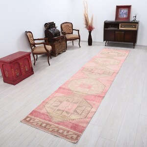 Vintage Oushak Wool Runner Rug: 3x13 Turkish Pink Floral