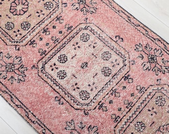 3x12 Vintage Turkish Oushak Runner Rug: Pink Floral Wool Hallway Decor