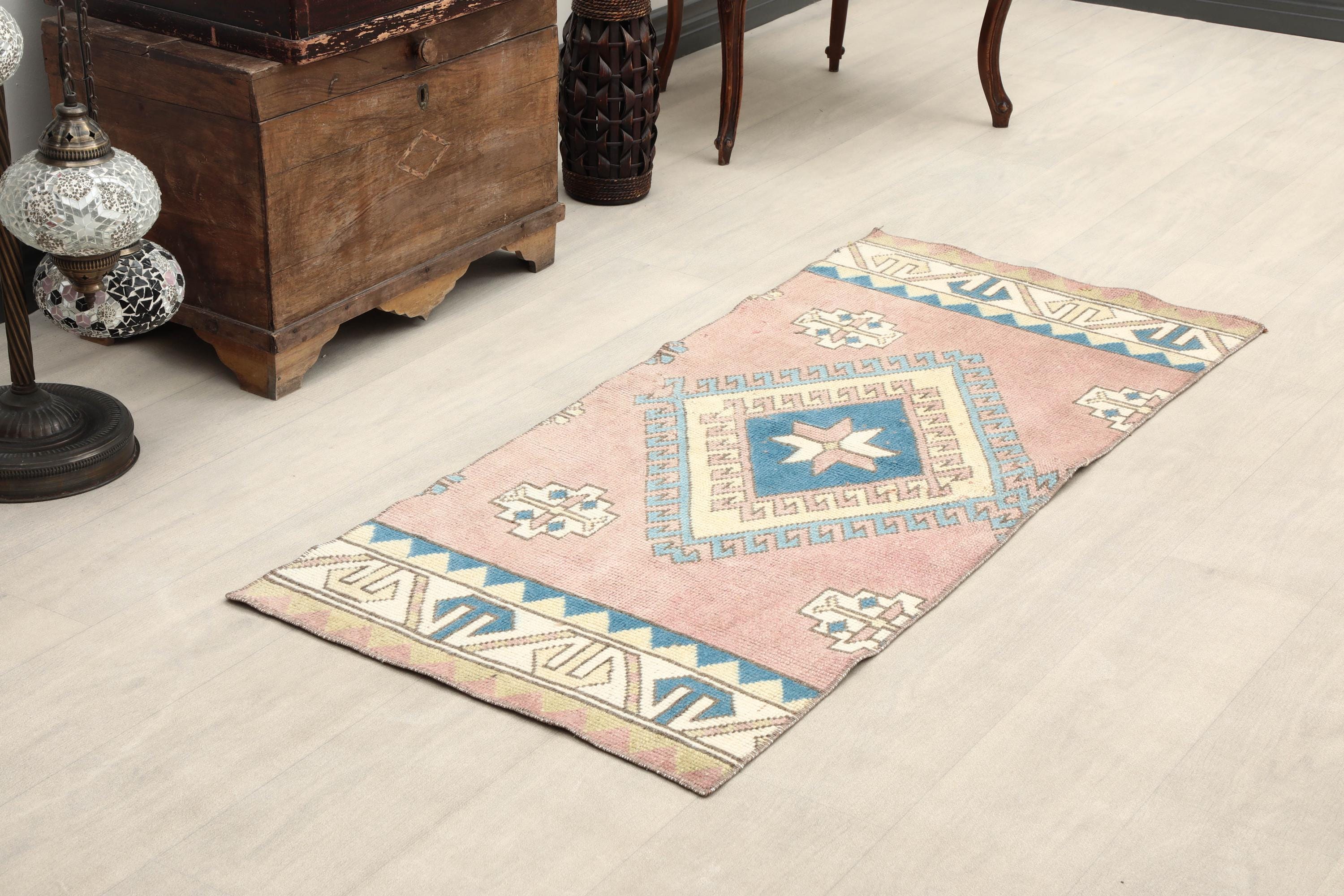 Vintage Turkish Wool Rug, Pink Blue Anatolian Kilim, Handwoven