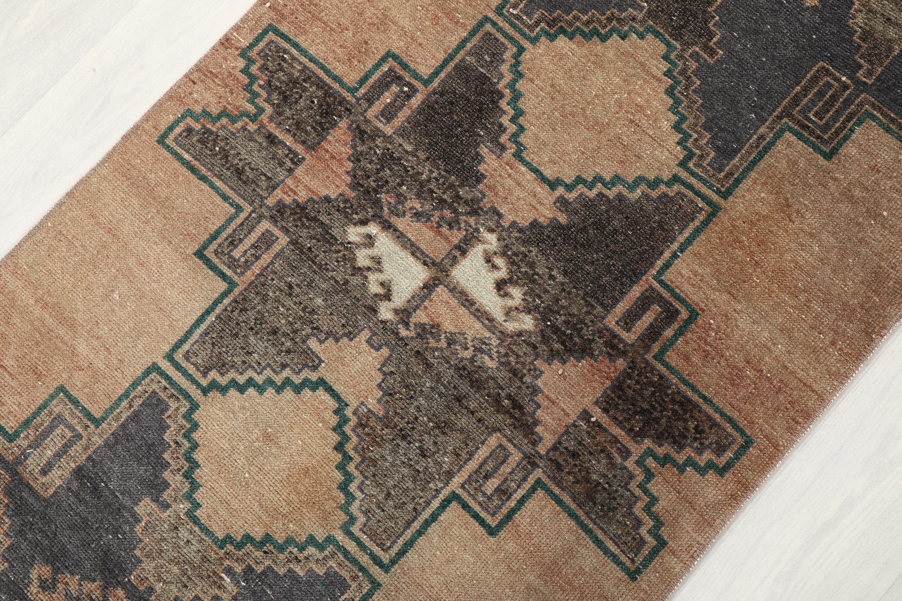 Vintage Turkish Runner Rug: 3x11 Brown Oushak, Handwoven Wool & Cotton