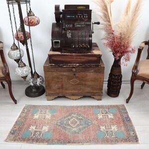 Vintage Turkish Oushak Rug: 2x4 Red Wool Entryway Mat