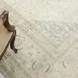 10x12 Vintage Persian Rug: Faded Beige Oushak, Hand-Knotted Wool & Cotton