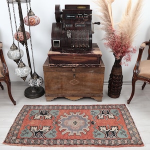 Handwoven Turkish Oushak Rug: 2x4 Vintage Kilim Doormat