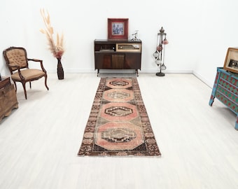 Vintage Turkish Runner Rug: 3x9 Red Brown Oushak Wool, Bohemian Decor