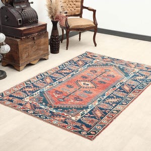 4x6 Vintage Turkish Rug: Red, Dark Blue Oushak, Handwoven Wool/Cotton