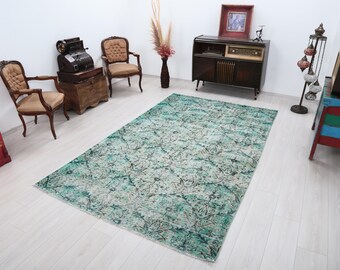 5x9 Vintage Turkish Oushak Rug, Green Floral Wool, Handwoven