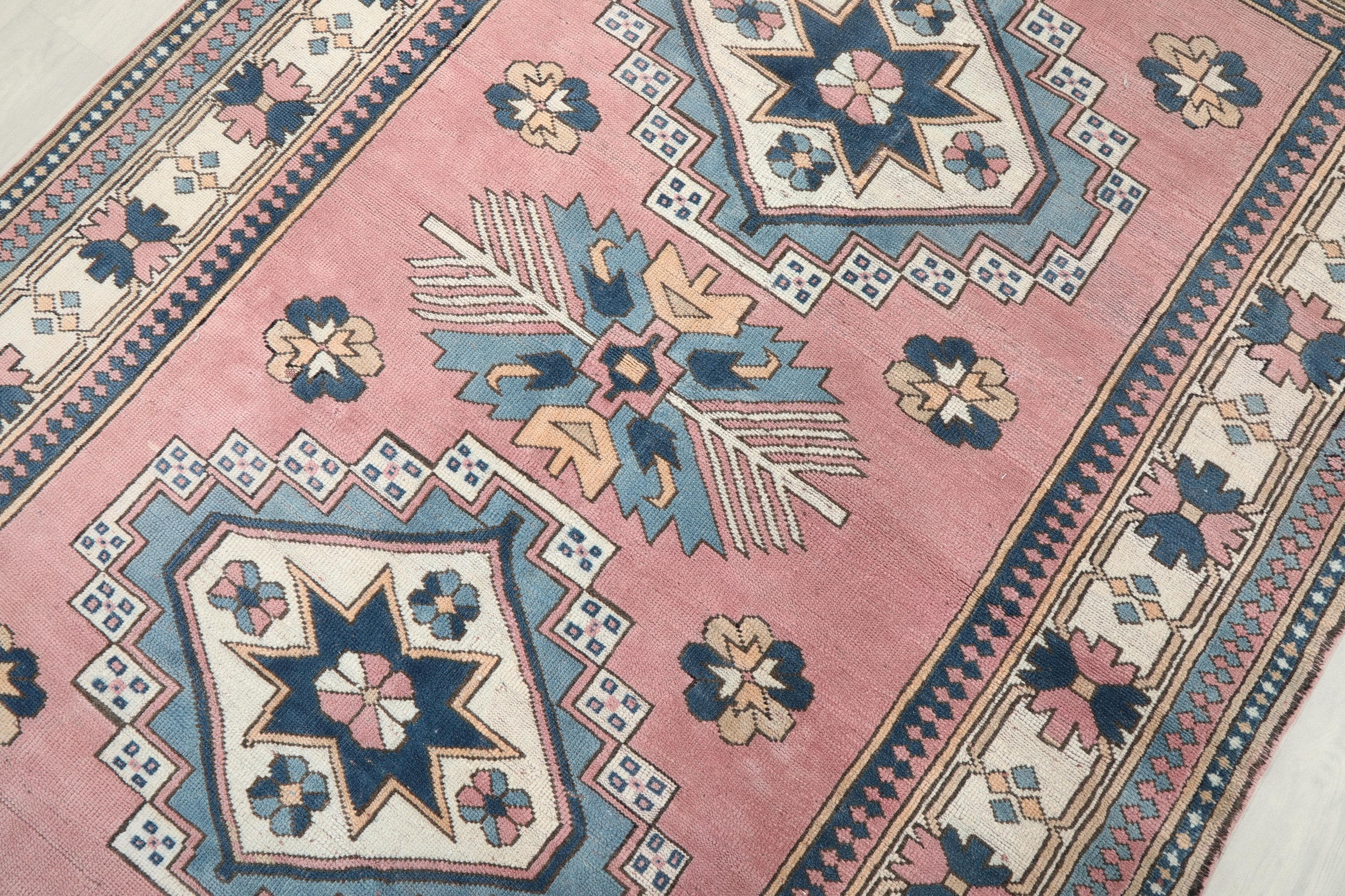 Pink & Blue Vintage Turkish Rug, 5.9x8.6 Ft, Hand-knotted Wool