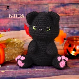 かわいい小さな黒猫人形のかぎ針編みパターン PDF あみぐるみ かわいい子猫のぬいぐるみ 英語パターン ハロウィーン 小さなギフト おもちゃ ぬいぐるみ パターン