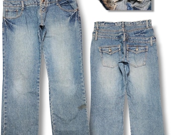 Vintage tägliche Themen Japanischer Denim, Doppelte Taille Jeans, Y2K Grunge Ästhetische Hose, Totenkopf-Futter, Größe 32