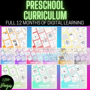 May include: A colourful digital preschool curriculum for 12 months of learning. The image shows a sample of the worksheets, which feature a variety of activities, including letter recognition, number counting, and tracing. The text "PRESCHOOL CURRICULUM" is displayed in green at the top of the image. The text "FULL 12 MONTHS OF DIGITAL LEARNING" is displayed in green below the title. The text "1200+ Pages" is displayed in green at the bottom left of the image.