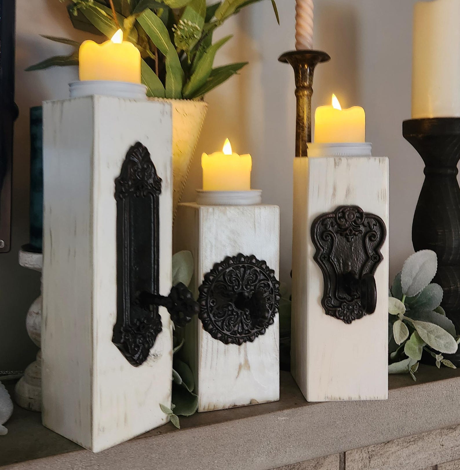 Rustic Three Piece Candle Holder With Lighted Candles - Etsy