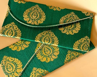 Handmade Raw Silk Gifting Envelope: Gold Block Print, Diwali Shagun - Pack of 2