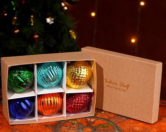 Multicolor Glass Christmas Ornaments, Set of 6, Vintage Baubles