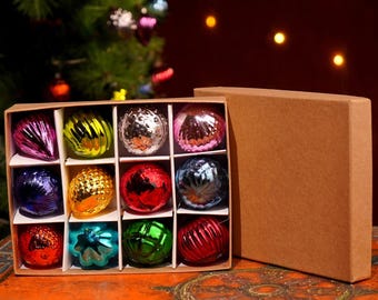 Multicolor Glass Christmas Ornaments, Vintage Baubles, Set of 12