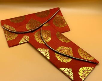 Handmade Raw Silk Gifting Envelope: Gold Block Print, Shagun Card (2-Pack)