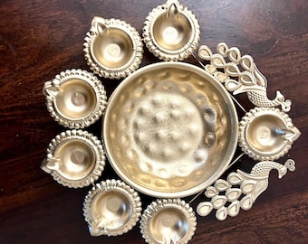 Gold Metal Diya Thali Urli: Large Peacock Diwali Decor