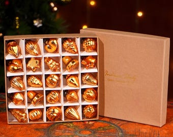Handpainted Amber Glass Christmas Ornaments: Gold Tree Baubles, Set of 25