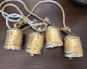Rustic Gold Painted Cowbell with Rope: Vintage Farmhouse Decor