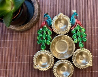 Gold Metal Peacock Diya Thali Urli: Diwali Pooja Decor (Small)