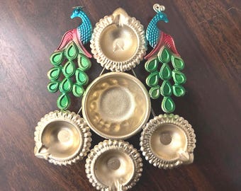 Gold Metal Peacock Diya Thali Urli: Diwali Pooja Decor (Small)