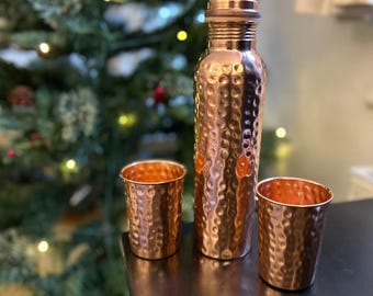 SET, Handcrafted Copper Water Bottle plus 2 Glasses: Ayurvedic Health, Leak-Proof (1L)