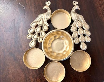 Gold Metal Peacock Diya Thali Urli - Diwali Decor (17cm x 14 cm)