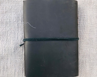 Rustic Black Leather Journal Refillable Travel Notebook with Deckle Edge Paper