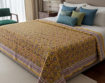 mustard Color King Quilt reversible Blanket Bedspread vintage quilt kantha hand block print