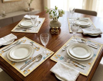 Hand Block Print Cotton Placemats Set of Quilted Table Mats for Dining Table Floral