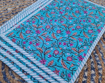 Tovagliette in cotone con stampa a blocchi, blu turchese floreale