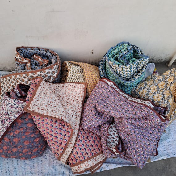 Hand Block Print Quilt, kantha quilt, 7 Design, all size available, boho blanket, cotton throw
