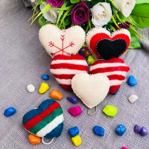 Handmade Wool Felt Heart Ornaments - Christmas Tree Hanging Decor - Nordic Red White Striped Hearts, Valentine Gift - Set of 7 Felted Hearts