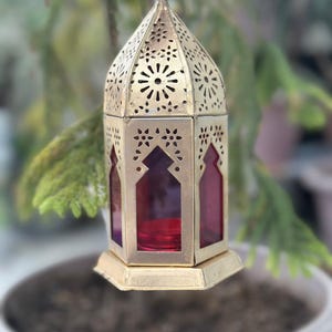 Gold Hanging Lantern with Red Glass - Vintage Style Candle Holder - Moroccan Decor for Home & Garden