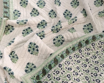 Bohemian Hand Block Print Bedding, Floral quilt, Traditional Indian Cotton Bedspread, kantha quilt blanket