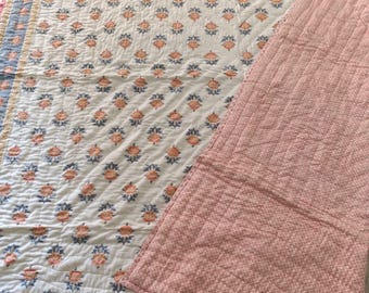 Indian Quilt block print queen size pure cotton quilted blanket bedspread kantha boho vintage