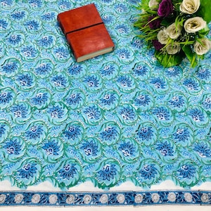 Light Blue Floral & Border Hand Block Print Cotton Fabric, Swing material Sold by Yard