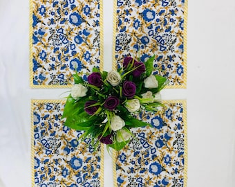 Katoenen Placemats Set - Handbedrukte Bloemen Tafellopers - Omkeerbare Eettafel Decoratie