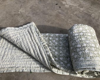 kantha quilt handmade hand block print quilt reversible Indian Boho blanket cotton Throw