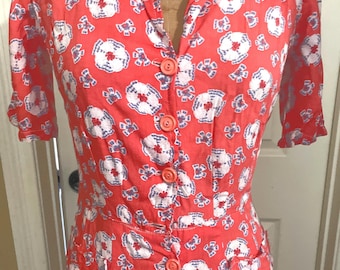 1940s Floral Rayon Day Dress: Salmon Pink Vintage Style