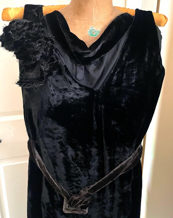 Incredible 1930s Black Silk Velvet Wrap Bias Cut Dress w Elaborate Metal &  Bead Belt