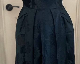 Vintage 1950s Black Silk Satin Damask Cocktail Dress