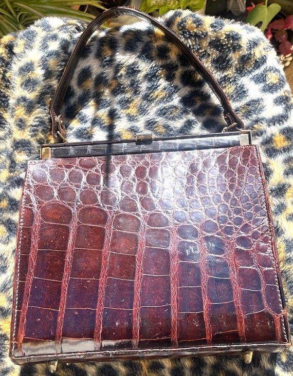 1940's Cognac Brown Alligator Handbag Alligator Handbag 40's