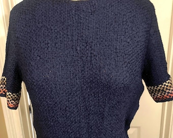 1940er Jahre Marineblau Band Strickkleid: Vintage Tageskleid