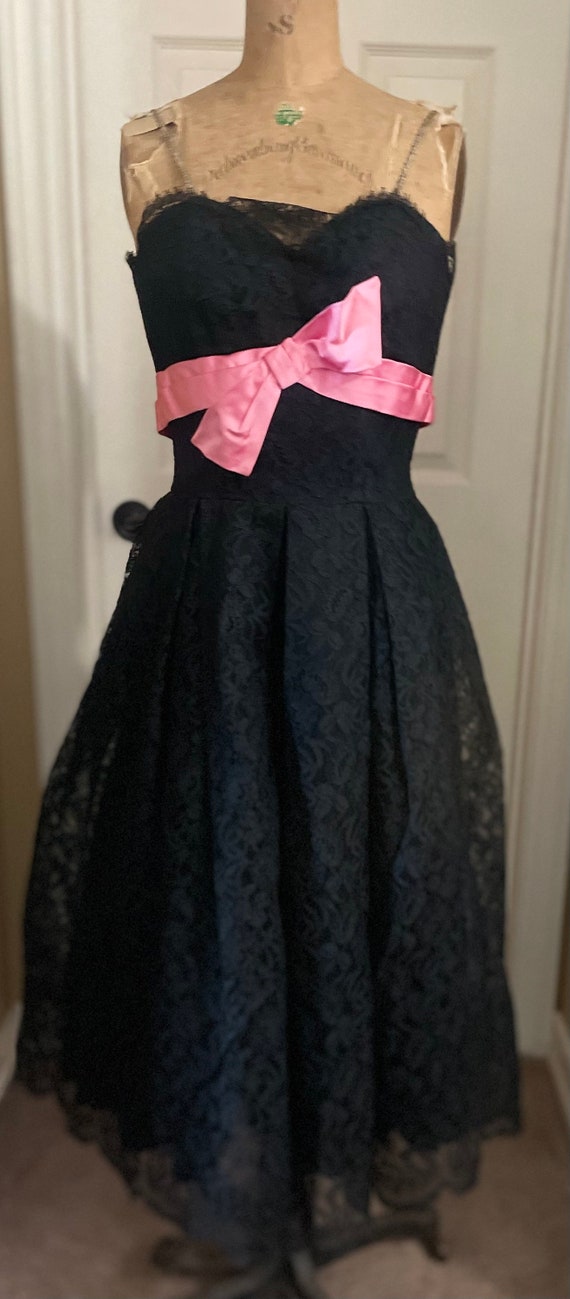 Vintage 50s Black Lace with Pink Satin Party Dress