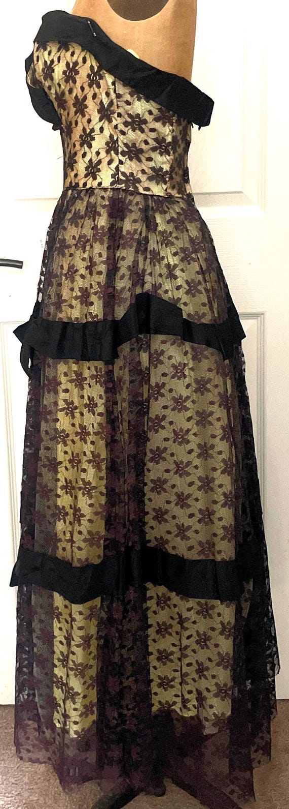 1950s Silk Jersey & Tulle Lace Full Skirted Dress